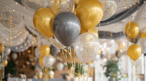 Festive celebration with gold silver and confetti balloons against draped fabric backdrop indoors