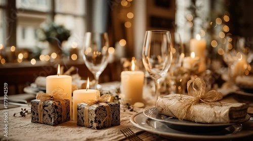 Elegant table setting with candles gifts and wine glasses creating a festive atmosphere indoors