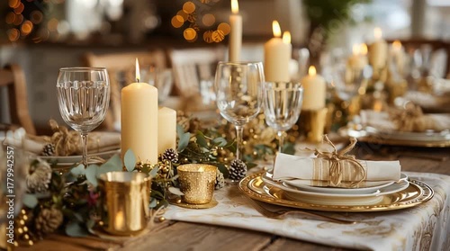 A festive table setting with candles, glassware, and gold accents creating a warm ambiance scene