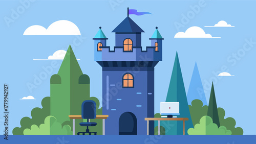 A charming castle tower transformed into a modern office space with a sleek desk and stateoftheart technology.. Vector illustration