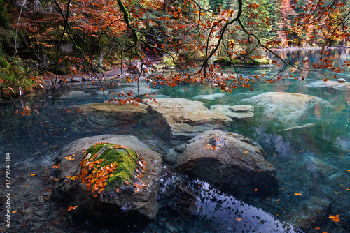 Scenic and relaxing atmosphere at Blausee, Switzerland, in autumn with colourful trees