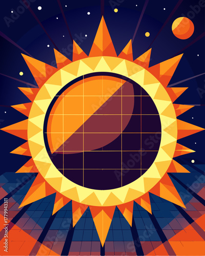 A colorful mural depicting the stages of a solar eclipse composed entirely of solar cells.. Vector illustration