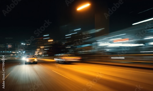Night highway traffic motion blur with bright vehicle headlights.
