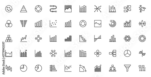 Chart and Diagram icon set. Business vector icons pak. Includes symbols for daa, graph, analytics, statitics, bar, pie chart, timeine, workflow, growth and ore. Editable stroke.