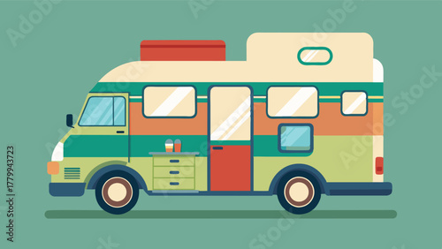 A cleverly designed camper van with designated areas for living and working allowing for a seamless transition between the two.. Vector illustration