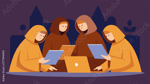A group of cloaked monks huddle around a laptop studying maps and charts as they plan a pilgrimage to a sacred site.. Vector illustration