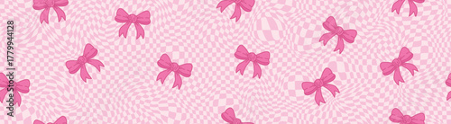 Foto Playful retro background features wavy checkerboard pattern with scattered daisies and cute bow elements