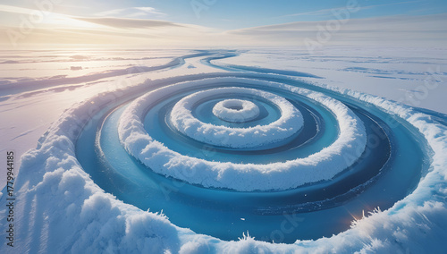 Aerial view of a spiral ice melt pattern on a frozen lake a unique natural phenomenon illustrating climate change and environmental impact