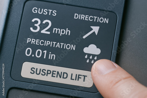 Crane safety is ensured by monitoring wind gusts and precipitation levels with control panel that allows operators to suspend lift operations when