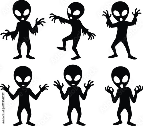 Alien silhouette illustration, extraterrestrial character set, large head figure, black vector graphic, humanoid pose, sci-fi theme, spooky design, elongated fingers, fantasy concept, eerie style