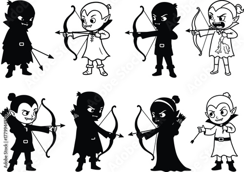 Archer silhouette set, cartoon character illustration, bow and arrow pose, black and white design, duality theme, fantasy concept, battle stance, vector graphic, emotion style
