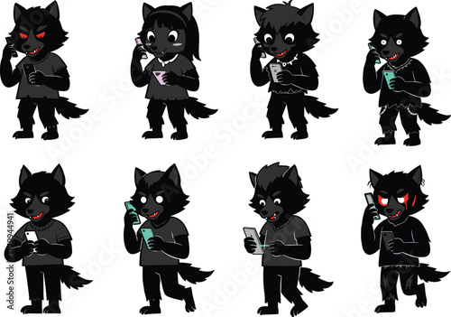 Anthropomorphic wolf characters, smartphone interaction, modern behavior, furry art, expressive poses, digital lifestyle, cartoon wolves, social media theme, animal illustration, emotional design