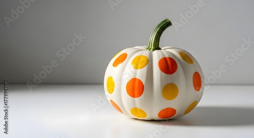 White pumpkin decorated with colorful polka dots