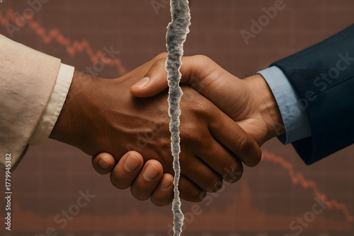 Broken Agreement: A stark depiction of a shattered partnership, two hands, clasped in a handshake. The tear symbolize conflict