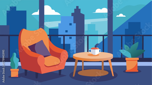 A cozy balcony nook is home to a plush armchair and a small table the perfect workspace for a writer seeking inspiration from the urban landscape around them.. Vector illustration