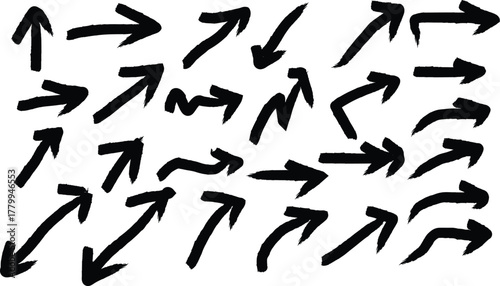 A collection of hand drawn black arrows pointing in various directions and styles on a white background