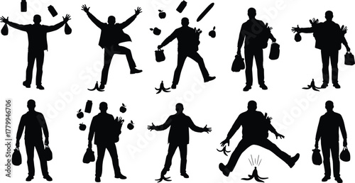 Sequential banana peel fall, silhouette person slipping, grocery spill illustration, comic accident progression, black and white slapstick scene, humorous mishap