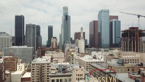 Aerial View of Downtown Los Angeles, California USA on June 5th, 2024. Drone Shows Buildings, Offices, Apartments, Condos, on a Gloomy Summer Day. 