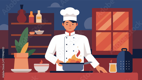 A private chef available upon request allowing you to indulge in gourmet meals without having to leave your luxurious home office.. Vector illustration