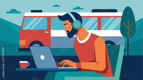 A man wearing headphones tunes out the world as he edits photos on a sleek laptop comfortably seated in the back of his vintage campervan.. Vector illustration