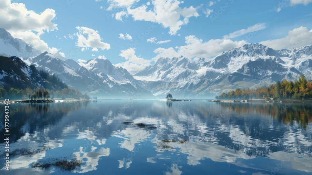 Fototapeta premium Majestic snow-capped mountains reflected in a calm lake