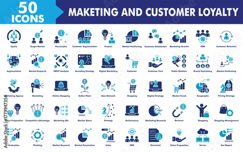 Marketing And Customer Loyalty Icon Set Collection. Consist Of Demographic, Target Market, Personality, Customer Segmentation, Product Development. Simple Flat Vector Illustration.