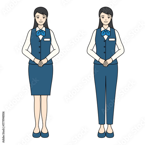 Full-body illustration of a smiling business woman in a uniform with hands clasped