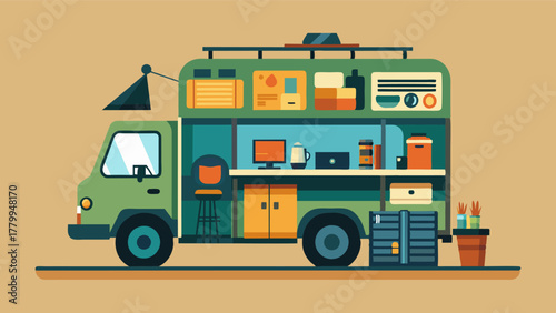 A compact workspace carved out of a converted safari vehicle perfect for guests on the go.. Vector illustration