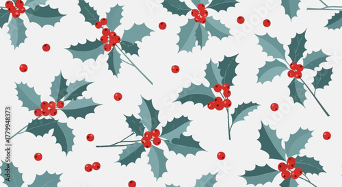 Seamless holly berry pattern for festive holiday season designs. Vibrant winter plant illustration background, perfect for Christmas celebrations and seasonal decorations