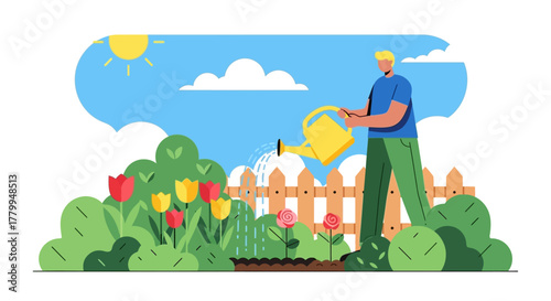 Minimalist Vector Illustration of Man Watering Garden Flowers in Bright Colors in Modern Style