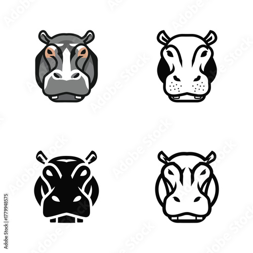 Vector icon collection of a hippo head in four different graphic styles