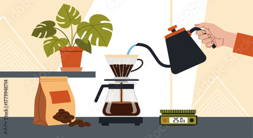 Minimalist Vector Illustration of Coffee Brewing Scene with Coffee Pot Coffee Beans and Potted Plant in Modern Style