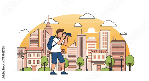 Vector Illustration of Photographer with Cityscape in Modern Minimalist Style Featuring Buildings and Trees in Warm Sunset Colors