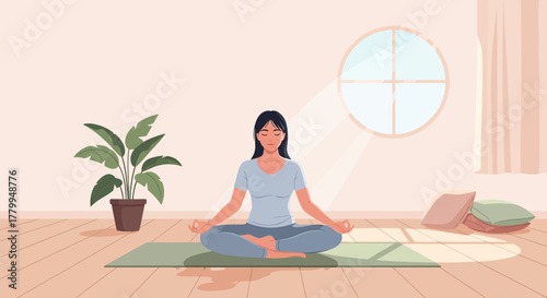 Vector Illustration of Woman Meditation Scene in Minimalist Style with Calm Indoor Atmosphere and Soft Natural Colors