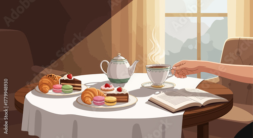 Vector Illustration of Cozy Breakfast Scene with Tea and Pastries in Warm Vintage Style Featuring Croissants Macarons and Open Book