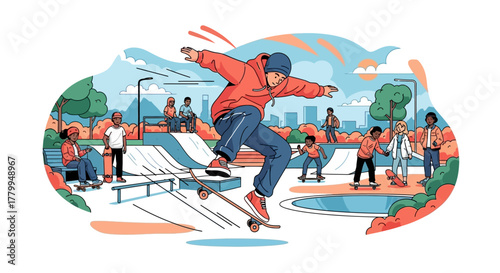 Vector Illustration of Skateboarder Performing Trick at Skatepark in Modern Style with Bright Colors