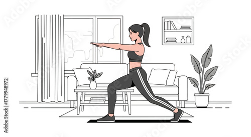 Minimalist Vector Illustration of Woman Practicing Yoga in Living Room in Modern Style with Neutral Colors