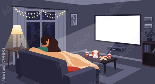 Minimalist Vector Illustration of Couple Watching Movie in Living Room with Flat Design Style and Neutral Color Palette