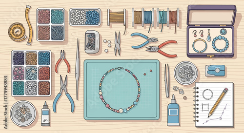 Vector Jewelry Making Crafting Pattern with Beads Tools and Accessories in Modern Organic Style