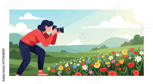 Modern Vector Illustration of Photographer Taking Picture in Nature Scene with Colorful Flowers and Sky
