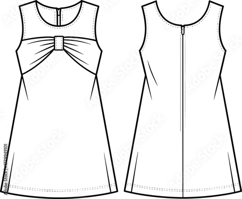 Sleeveless dress sketch, fashion technical drawing, front and back view, gathered bust detail, A-line silhouette, seam lines, zipper back, garment illustration, apparel template, vector outline