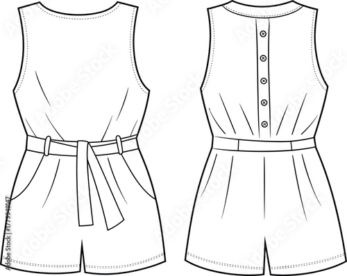 Sleeveless romper, fashion illustration, belted waist design, buttoned back placket, round neckline, casual wear, garment sketch, technical drawing, pleated shorts, stylish summer outfit