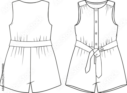 Sleeveless romper flat sketch, fashion technical drawing, front and back view, cinched waist design, round neckline, short bottom, apparel template, garment illustration, vector outline