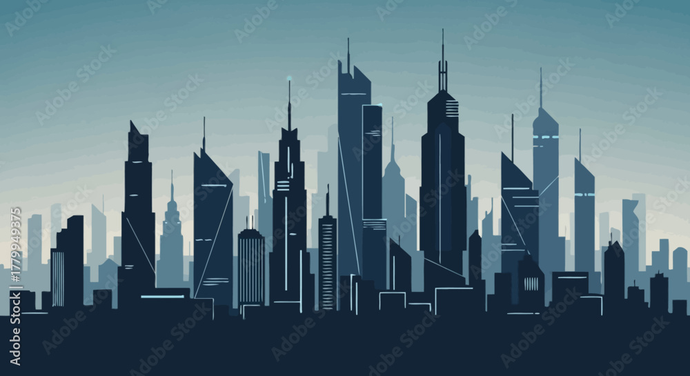 Obraz premium Modern Vector Illustration of Skyscraper Cityscape in Blue Tones for Urban Branding and Digital Media