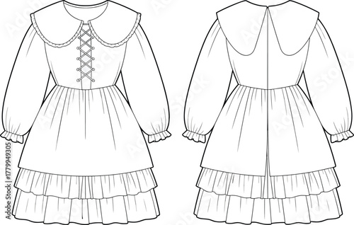 Vintage dress sketch, fashion technical drawing, front and back view, Peter Pan collar, lace-up bodice, tiered skirt, puff sleeves, garment illustration, apparel template, vector outline