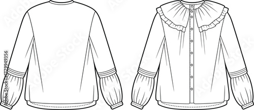 Women’s blouse sketch, fashion technical drawing, front and back view, ruffled collar, puff sleeves, button back, gathered cuff, garment illustration, apparel template, vector outline