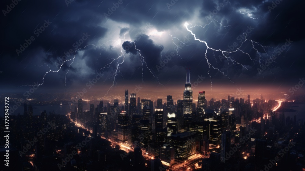 Obraz premium Night cityscape with dramatic lightning storm