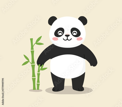 An adorable vector illustration of a happy cartoon panda. The cheerful panda is standing upright with a big smile and rosy cheeks, next to two bright green bamboo stalks. This cute, simple, and minima