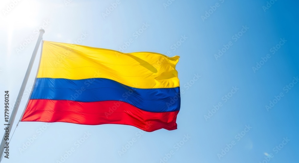 Naklejka premium Flag of Colombia waving proudly against a bright blue sky, symbolizing national pride and independence, with copy space.