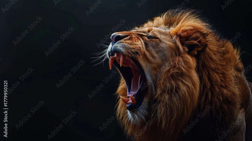 Naklejka premium Majestic lion roaring against a dark background
